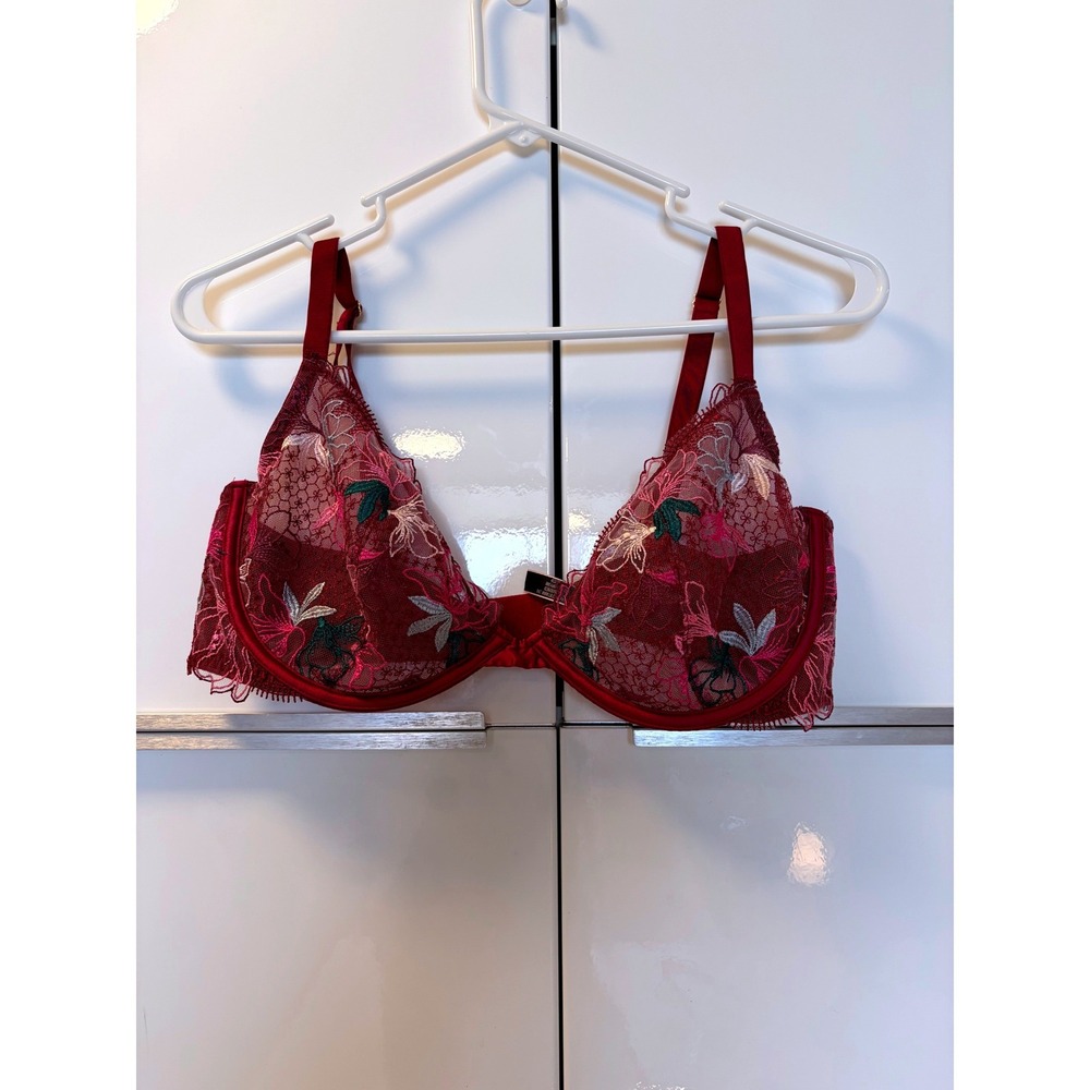 Victoria's Secret Burgundy Floral Embroidered Sheer Mesh Underwire Bra 34B